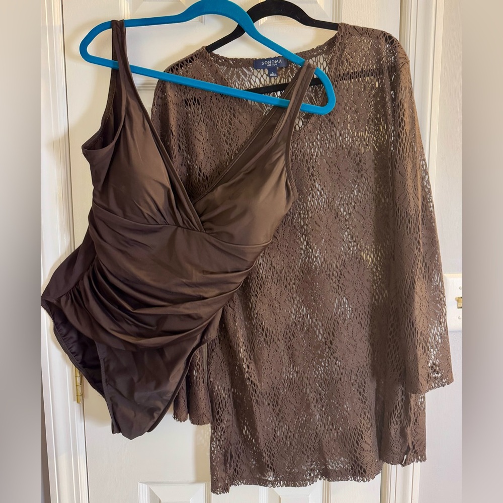 Sonoma Chocolate Brown Ruched One-Piece Swimsuit with Matching Lace Cover-Up